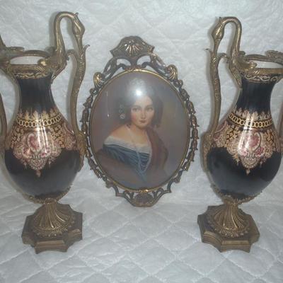 Pair of porcelain hand painted vases, cobalt background, and oil painted portrait in a heavy brass oval frame c 1870