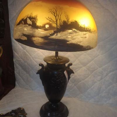  Antique Handpainted Handel style lamp,bronze base as is

