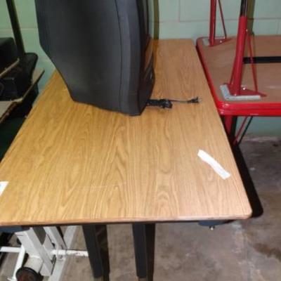 Table, school desk, and tv