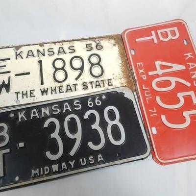 3 Kansas License Plates 1956, 1966, 1971