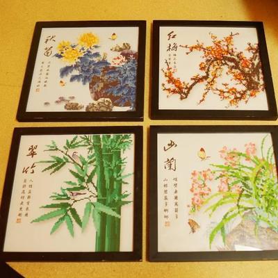 4 Neat Framed Decorative Asian Bead Pictures