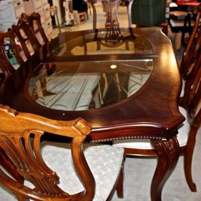 Dining table with glass inserts, 8 chairs