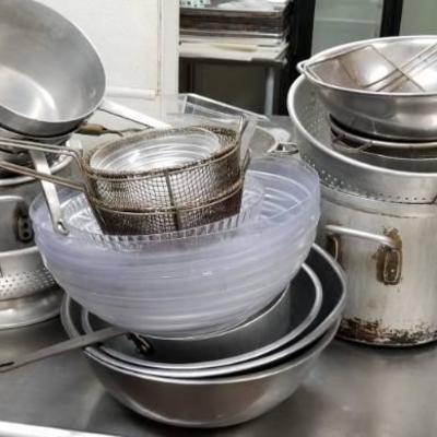 Lot of stainless pans, pots, and mixing bowls