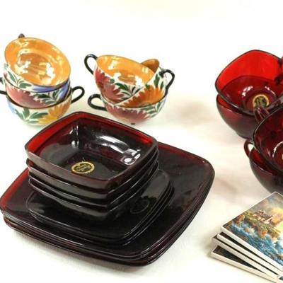 Anchor Glass Royal Ruby, Lustreware Cups, and 4 Thomas Kinkade Coasters