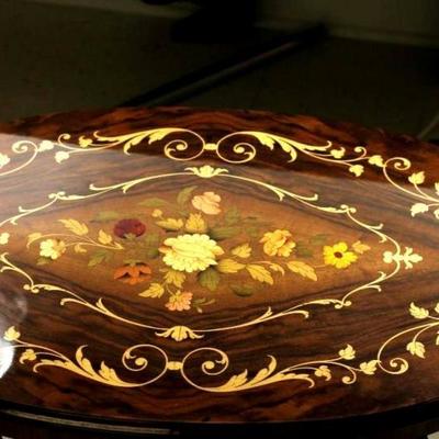 Oval End Table with Floral Design Inlay