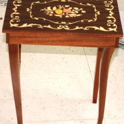 Storage Table with Floral Inlay Design and Music Box, Opens for Jewelry Storage