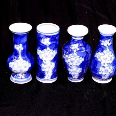 4 Small Blue and White Ceramic Vases