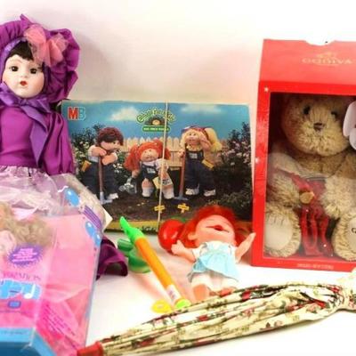 Toy Lot with Dolls, Cabbage Patch Kids Puzzle, Godiva Bear, Etc