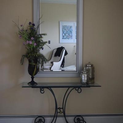Console Table, Floral Arrangement, Mirror, & Home Decor