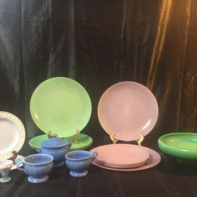 Stangl pottery, Wedgwood queens ware, and glass plates