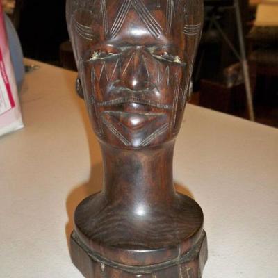 African Carved wood Man/Warrior Head Bust sculpture.