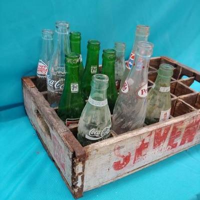 Wood 7UP Crate with Vintage Bottles