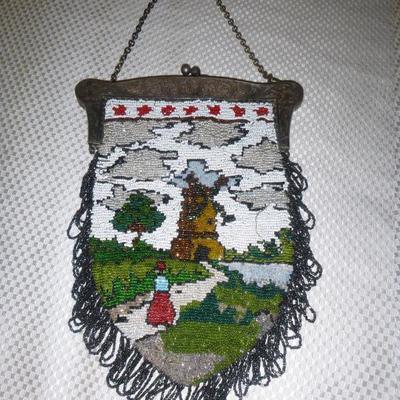 19h c .beaded bag.  German silver framed handbag.