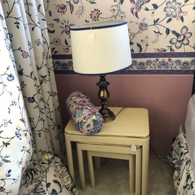 Stacking enamel tables. Lamps etc