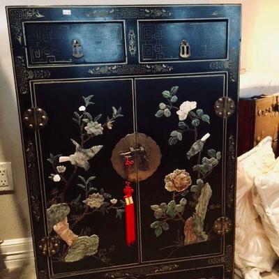 Asian Antique black lacquer with stone inlay (flowers and birds) cabinet/chest. $200