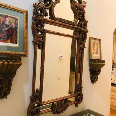 Large 6-foot tall gilt gold framed mirror. $500 Cherubs wall @ $42.
