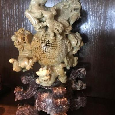 Antique Chinese 6 Soap Stone Foo Dogs on Marble Pedestal.  11 inches tall. $200