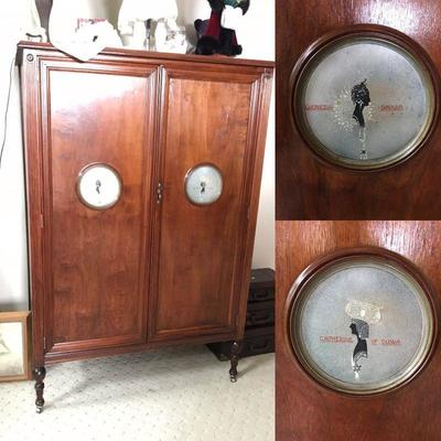 (1 of 2 pictures) European antique armoire. Hand painted in the middle both on doors. Lucrezia Borgia and Catherine of Russia. $400