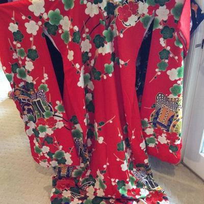 Red kimono with flowered trees $150. We also have various kimonos between $20 and $80.