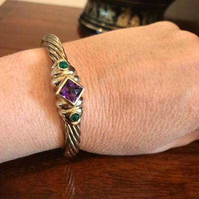 All jewelry reviewed and detailed by Jewelry Appraiser: DAVID YURMAN BRACELET. 14K GOLD WITH EMERALD AND AMETHYSTS. $4,850