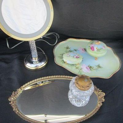 Ladies Vanity, makeup mirror, mirrored tray, and vintage jewelry case and tray