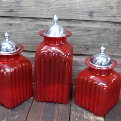 3 Piece Red Glass Canister Set