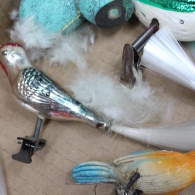 Vintage Christmas ornaments includes clip-on mercury glass birds.