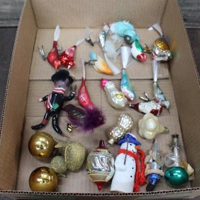 Vintage Christmas ornaments includes clip-on mercury glass birds.