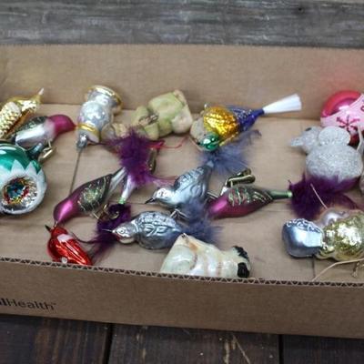 Vintage Christmas ornaments includes clip-on mercury glass birds.