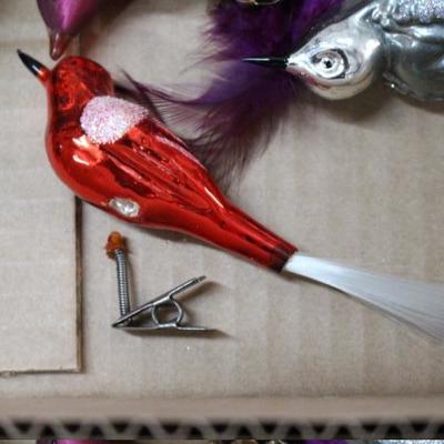 Vintage Christmas ornaments includes clip-on mercury glass birds.