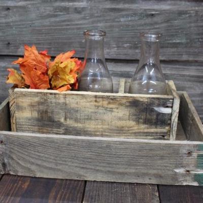 Farmhouse style wood boxes with bottles