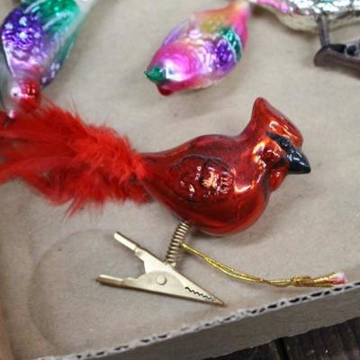Vintage Christmas ornaments includes clip-on mercury glass birds.
