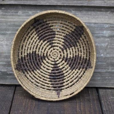 Native American Pine Needle Basket in Tan & Brown