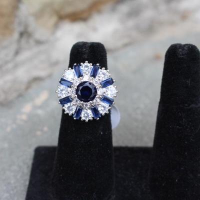 925 Sterling Silver Blue & White Sapphire Ring