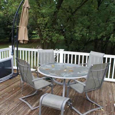 Glass Top Patio Table with 4 Chairs Also Retractable Free Standing Deck Umbrella 