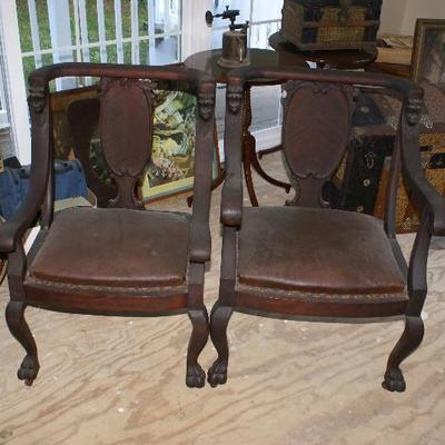 All Original Victorian Era Lion Head Motif King & Queen Arm Chairs 
