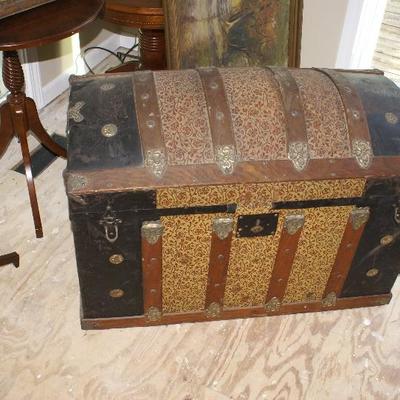 Large Antique Victorian Dome Top Trunk with Wooden Straps 