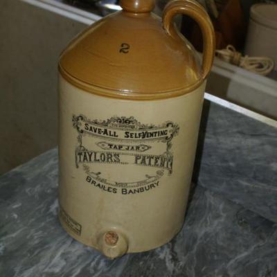2 Gallon STONEWARE JUG Save-all Self-Venting Tap Jar Taylors Patent Brailes Banbury Pearson & Company Whittington Moor Chesterfield,...