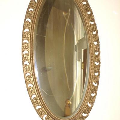 Antique Filigree Wood Frame Oval Beveled Glass Wall Mirror 