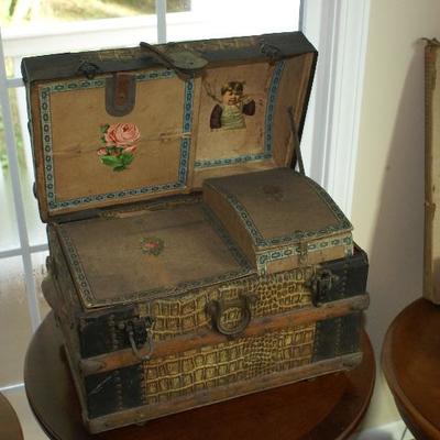 Inside View of Antique Victorian Childs / Salesman Sample Dome Top Trunk with Wooden Straps & Alligator Skin Outside & Insert 
