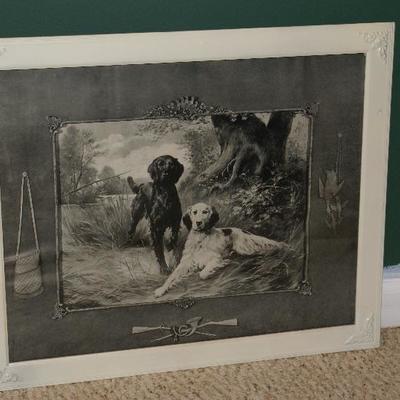 Old Framed Black & White Etching of Hunting Dogs 