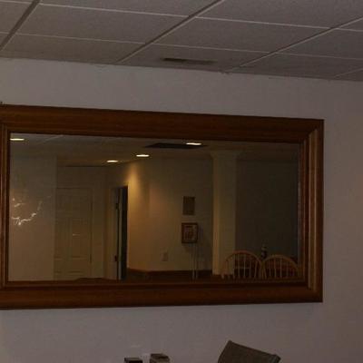 Large Wood Frame Beveled Glass Wall Mirror 