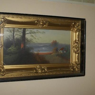 Victorian Era Oil on Canvas Cottage on Lake by Artist ROAN