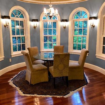Glass top, wrought iron base, parsons chairs
