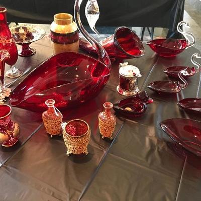 Duncan and Miller swans.  Pairpoint swans.  Beautiful red and gold glass