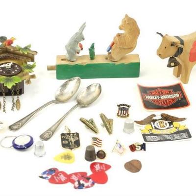 Mixed Lot incl Small Cuckoo Clock, Carved Cow, Spoons, Pins, Wood Bear Toy