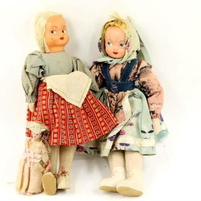 3 Vintage Dolls with Handmade Clothes and Plastic Faces