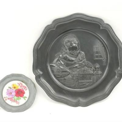Zien Pewter Plate and A Small Pewter Plate w/ Ceramic Center, German