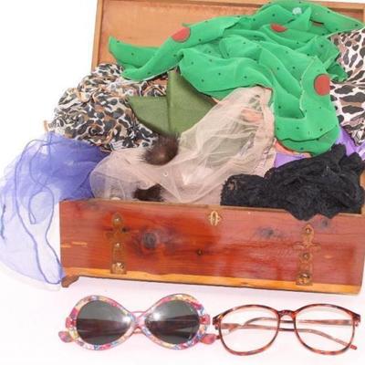 Lot of Vintage Scarves and Glasses in a Small Cedar Chest, Colorful Sunglasses have a Broken Lens