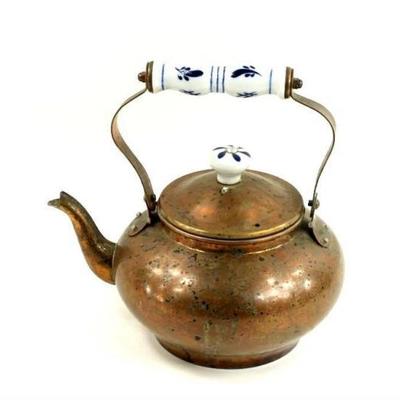 Copper Tea Kettle with Blue and White Ceramic Handles